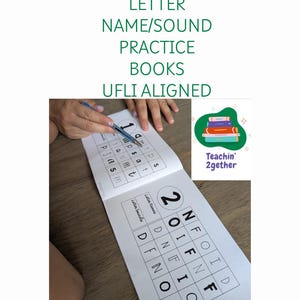 May include: A white practice book with black printed grids containing letters for name and sound exercises. The text reads LETTER NAME/SOUND PRACTICE BOOKS UFLI ALIGNED. A small logo features a stack of books and the text Teachin' 2gether.