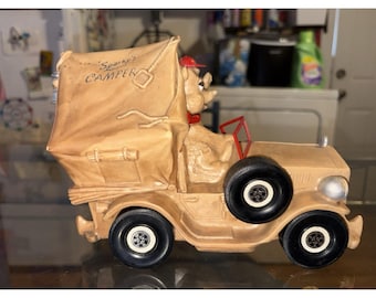 Tirelire vintage Sparky's Camper Bear en plastique, ISI Mountain Home VA Credit Union