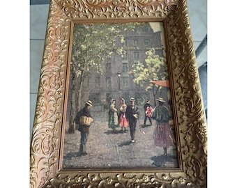 Vtg Framed French Street Scene Textured Print Gold Gilt Ornate Frame 11x15