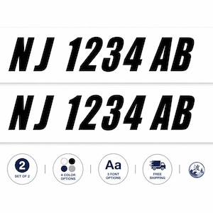 May include: Two rectangular white decals featuring the black text NJ 1234 AB in a bold, italicized sans-serif font. Below the decals are five circular icons representing a set of two, four color options, three font options, shipping, and a wave graphic.