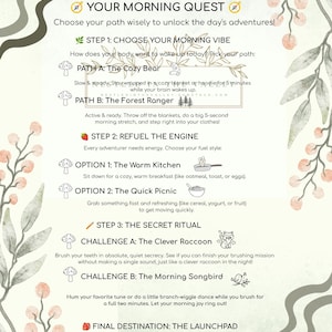 May include: A daily chart titled Roots & Rituals: My Daily Chart, featuring a light green and cream background with watercolor botanical illustrations. The text outlines a morning quest with steps for choosing a vibe, refueling, and secret rituals.