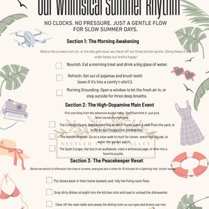 May include: A beige checklist titled Our Whimsical Summer Rhythm with sections for morning, main events, and resets. It features illustrations of a drone, camera, sunglasses, dress, lifebuoy, bikini, suitcase, and tropical leaves with text.