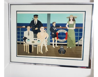 RARE Vintage Shigeo Okumura OKU serigraph Art, Family Cruise, Deco Style, Limited Edition 26/190