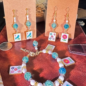 Elegant Turquoise Ocean Hued Bird Bam Tile Glass & Shell Mahjong Earrings. Nickel Free, 18k Coated gold studs. Lightweight! Mahjong, y’all!
