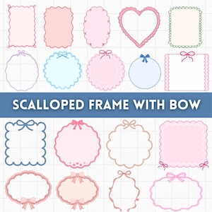 Op de afbeelding: Een verzameling van diverse geschulpte kaders in roze, blauw en beige, voorzien van decoratieve strikken en hartvormen. De tekst SCALLOPED FRAME WITH BOW staat op een blauwe horizontale banner in het midden van de afbeelding met raster.