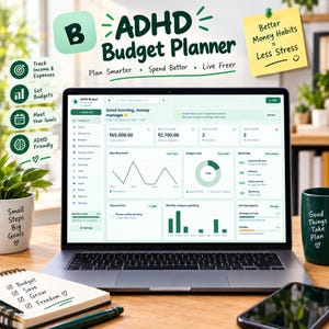 May include: A laptop displaying an ADHD Budget Planner interface with financial charts, spending trends, and budget tracking features. The screen shows text including ADHD Budget Planner, Plan Smarter, Spend Better, Live Freer, and Good morning, money manager.