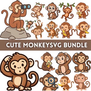 May include: A digital graphic collection featuring various cartoon monkeys in brown and tan colors, some holding bananas, binoculars, or a magnifying glass, with the text CUTE MONKEYS SVG BUNDLE displayed in a central brown horizontal banner.