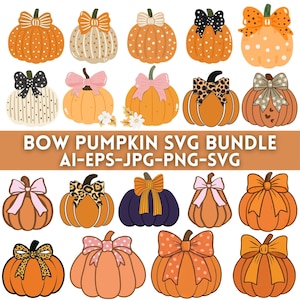 Peut inclure: Une collection numérique d'illustrations de citrouilles avec divers nœuds, motifs et couleurs. Le texte BOW PUMPKIN SVG BUNDLE AI-EPS-JPG-PNG-SVG est centré au milieu. Les citrouilles sont orange, blanches et violettes avec des nœuds variés.