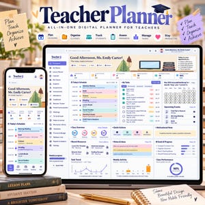 Puede incluir: Un planificador digital para docentes mostrado en la pantalla de una computadora portátil y un teléfono inteligente, con un panel de control que incluye horarios, listas de tareas, gráficos de progreso estudiantil y herramientas de planificación.