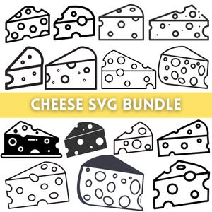 Puede incluir: Una colección de ilustraciones de cuñas de queso en blanco y negro con varios patrones y formas de agujeros. El conjunto gráfico incluye diseños de contorno y sólidos, con el texto CHEESE SVG BUNDLE en blanco sobre una barra horizontal amarilla.
