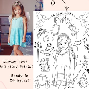 Prinsessinspirerad anpassad utskrivbar målarbild, personligt fotomålarblad, rolig festgåva, kreativ skolaktivitet, akvarell