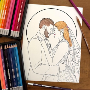 Custom Wedding Portrait Printable Coloring Page with Custom Text, Personalized Photo Colouring Sheet, Fun Party Favor, Creative Couples Gift