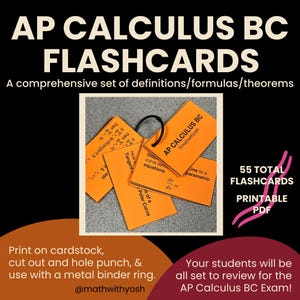 May include: A set of orange AP Calculus BC flashcards held together by a black metal binder ring. The cards feature black printed text including definitions, formulas, and theorems such as dy/dx, tangent lines, and polar curves. The text includes AP CALCULUS BC and @mathwithyosh.