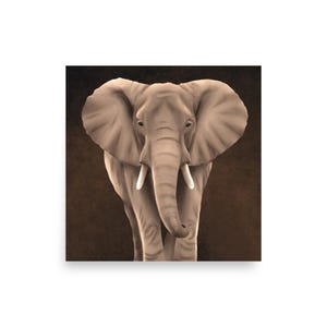 Könnte beinhalten: Ein quadratischer Wandkunstdruck mit einem zentrierten, nach vorne gerichteten Elefanten mit großen, ausgebreiteten Ohren, einem langen Rüssel und zwei weißen Stoßzähnen. Der Elefant ist in hellbraunen und beigen Tönen vor einem dunkelbraunen Hintergrund dargestellt.