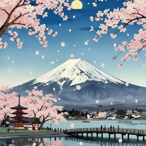 以下が含まれることがあります： 満月の下の富士山を描いたデジタルイラスト。ピンク色の桜の枝が風景を縁取り、湖畔には多層の塔が建ち、木製の橋が水面を渡っています。空にはピンク色の花びらが舞い散り、湖面には山と塔の姿が映り込んでいます。