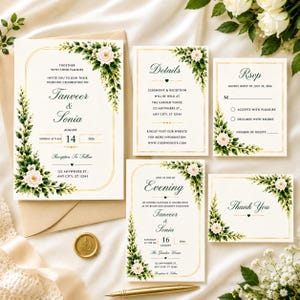 White Floral Wedding Invitation Suite | Ivory Gold Editable Canva Template | Printable Wedding Invite RSVP Details Thank You Card Set