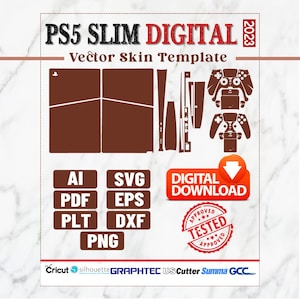 May include: A digital vector skin template for a PS5 Slim Digital 2023 console and controllers. The brown layout includes cutouts for the console and two controllers. File formats listed are AI, SVG, PDF, EPS, PLT, DXF, and PNG. Includes a digital download button and a red tested stamp.