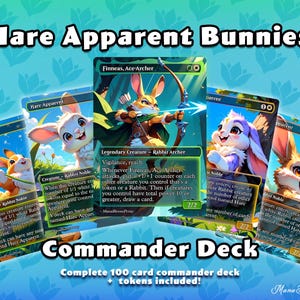 May include: A collection of trading cards titled Hare Apparent Bunnies Commander Deck, featuring colourful illustrations of anthropomorphic rabbits. The central card depicts Finneas, Ace Archer, surrounded by multiple Hare Apparent cards, all showcasing vibrant fantasy artwork and game text on a light blue background.