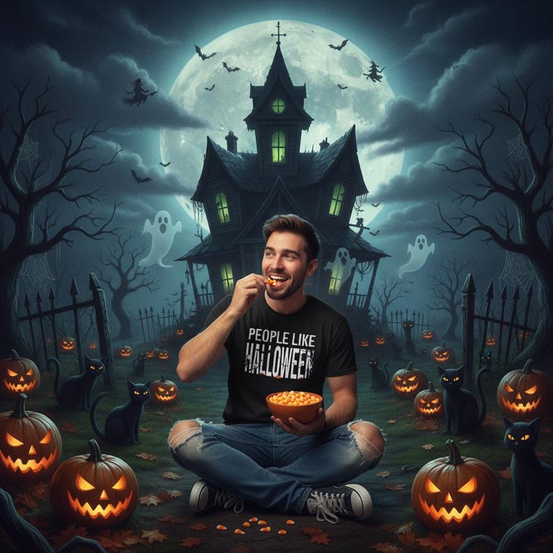 People Like Halloween T-Shirt | Spooky Typography Tee, Moonlit Silhouette Tee image 15