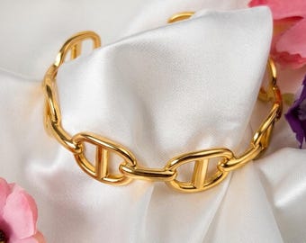 Tendance 2026 - Bracelet jonc ouvert maille marine ajustable en acier inoxydable doré