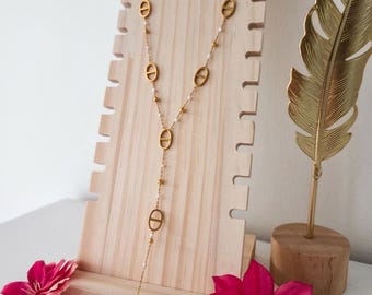 2026 Trend - Beaded Y-shaped sautoir necklace in "navy" - 52cm - Gold-plated stainless steel