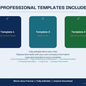 May include: Three professional document templates in navy, teal, and green. Text includes 3 PROFESSIONAL TEMPLATES INCLUDED, Template 1 Navy & Gold Classic, Template 2 Modern Teal, Template 3 Bold Green Accent, and lists of editable features.