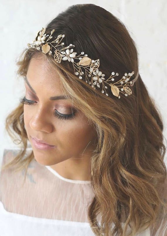 Gold or silver crystal and pearl vine headpiece Karisa Pearl & Crystal Bridal Headband Vine – Gold, Silver  main image 3