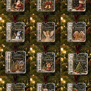 May include: A collection of twelve clear acrylic rectangular Christmas ornaments, each featuring a festive graphic, a red ribbon hanger, and a side tube designed to hold rolled currency. The designs include Santa, bells, a stocking, a snowman, an angel, a gingerbread house, a winter cabin, a reindeer, a Christmas tree, a fireplace, a nutcracker, and an elf.
