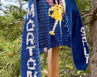 Morton salt umbrella girl hand crocheted cropped sweater