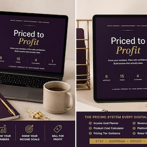 May include: A digital product guide titled Priced to Profit displayed on a laptop and tablet screen. The dark purple interface features gold text, listing 6 modules, 15 pages, 4 platforms, and 1 case study. Includes a notebook and pen.