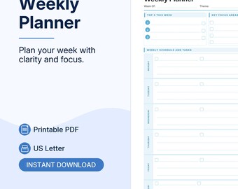 Weekly Planner Template | Minimal Printable PDF | Productivity Planner | Time Blocking Layout
