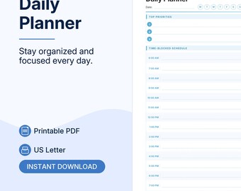 Daily Planner Template | Minimal Printable PDF | Productivity Planner | Time Blocking Layout