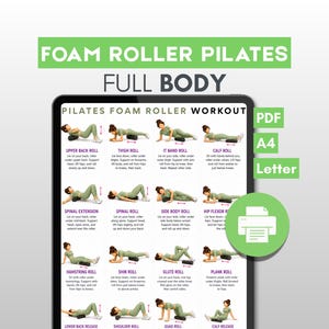 May include: A digital Pilates foam roller workout guide displayed on a tablet screen. The chart features multiple illustrations of exercises with text labels like Upper Back Roll, Thigh Roll, and Plank Roll. Includes PDF, A4, and Letter text labels.