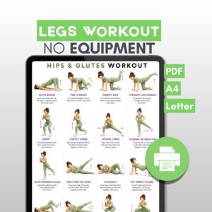 Pôster de treino para quadris e glúteos, tabela de treino para o dia de pernas, exercícios para a parte inferior do corpo para mulheres, treino de glúteos, download instantâneo