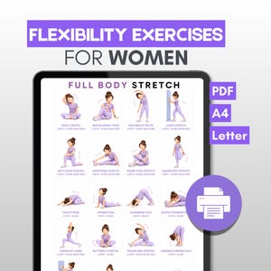 以下が含まれることがあります： FLEXIBILITY EXERCISES FOR WOMENおよびFULL BODY STRETCHというテキストが記載された全身ストレッチガイドのデジタル表示。紫色の服を着た人物が様々なヨガのポーズをとっているイラストと、PDF、A4、Letterのラベルが表示されています。