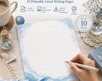 Blue Coastal Stationery Set, Printable Ocean Writing Paper, Watercolor Sea Letter Paper, 10 Designs, A4 Digital Download