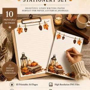 May include: An autumn stationery set featuring 10 printable A4 pages with lined writing paper. The design includes illustrations of hanging maple leaves, pinecones, acorns, a lantern, candles, and pumpkins. The text reads Autumn Stationery Set.