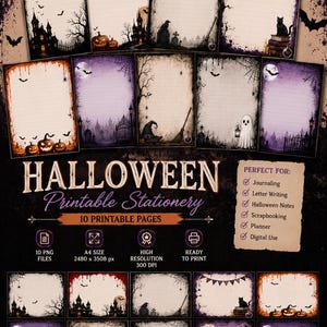 May include: A collection of 10 printable Halloween stationery pages featuring lined paper with spooky illustrations including haunted houses, pumpkins, black cats, ghosts, bats, and spiderwebs. The text reads HALLOWEEN Printable Stationery.