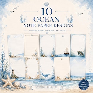 Ocean Printable Note Paper Set, 10 Watercolor Beach Stationery Pages, A4 Lined Writing Paper, Digital Download Journal Paper