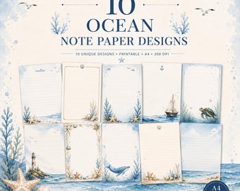 Set printbaar notitiepapier met oceaanmotief, 10 pagina's met aquarel strandprint, A4 gelinieerd schrijfpapier, digitaal te downloaden dagboekpapier