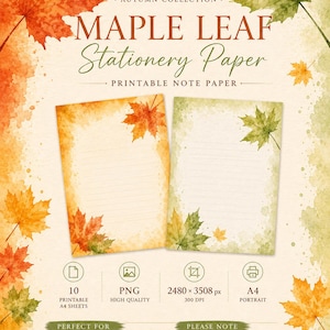 May include: Digital stationery paper featuring watercolor maple leaves in orange, red, and green. The text reads: AUTUMN COLLECTION, MAPLE LEAF Stationery Paper, PRINTABLE NOTE PAPER, 10 PRINTABLE A4 SHEETS, PNG HIGH QUALITY, 2480 x 3508 px 300 DPI, A4 PORTRAIT.