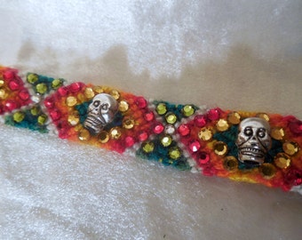woven Friendship Bracelet/Skulls/ Rhinestones festival jewelry, bridal party