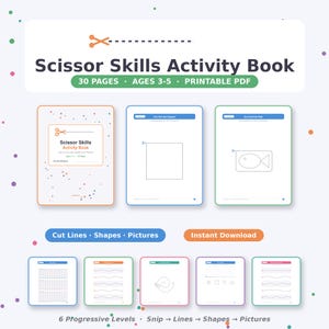 Puede incluir: Un libro de actividades Scissor Skills de 30 páginas para edades de 3 a 5 años, en formato PDF imprimible. La portada y las páginas interiores muestran ejercicios de corte con líneas rectas, onduladas, formas y dibujos con líneas punteadas.