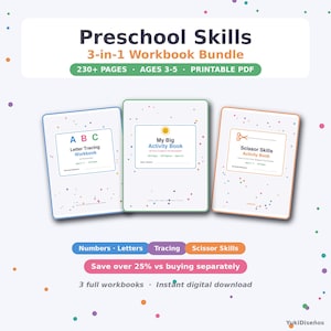 Puede incluir: Un paquete de tres libros de ejercicios Preschool Skills 3-in-1 Workbook Bundle en formato PDF imprimible, titulados Letter Tracing Workbook, My Big Activity Book y Scissor Skills Activity Book, con puntos de confeti de colores.