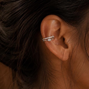 Silver CZ Double Band Ear Cuff, No Piercing Cartilage Clip, Dainty Crystal Earring
