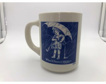 Vintage 1914 Morton Salt Coffee Mug Cup Blue Yellow "When It Rains It Pours!"