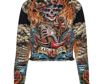 Blusa cropped transparente com estampa de caveira e tatuagem, modelo Lady Luck, justa, transparente, ideal para presente, balada, motociclista, roqueira, festival, com estampa floral de caveira mexicana e marinheiro.