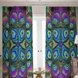 Psychedelic Peacock Blackout Curtains, Rod Pocket Shades, Living Room Darkening Drapes,  Opaque  Geometric Abstract , Set of 2 Panels, Gift