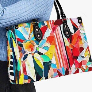 Bolso de mano de piel auténtica MCM, cartera con motivos florales abstractos, bolso de mano de grano superior, bolso de mano con diseño de arte cubista, bolso de hombro de alta costura, regalo para el día de la madre, estilo bohemio