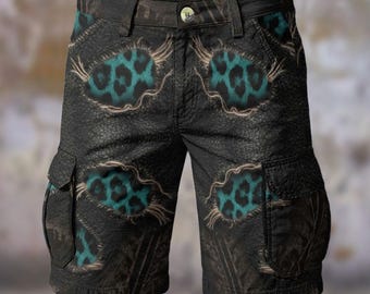 Teal-cargoshort voor heren met luipaardprint, distressed lederen print, cadeau voor hem, punkshort met dierenprint